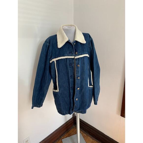 VTG Blue Denim Chore Jacket Coat Sherpa Shearling Womens XL Button Western Jean - Picture 6 of 8